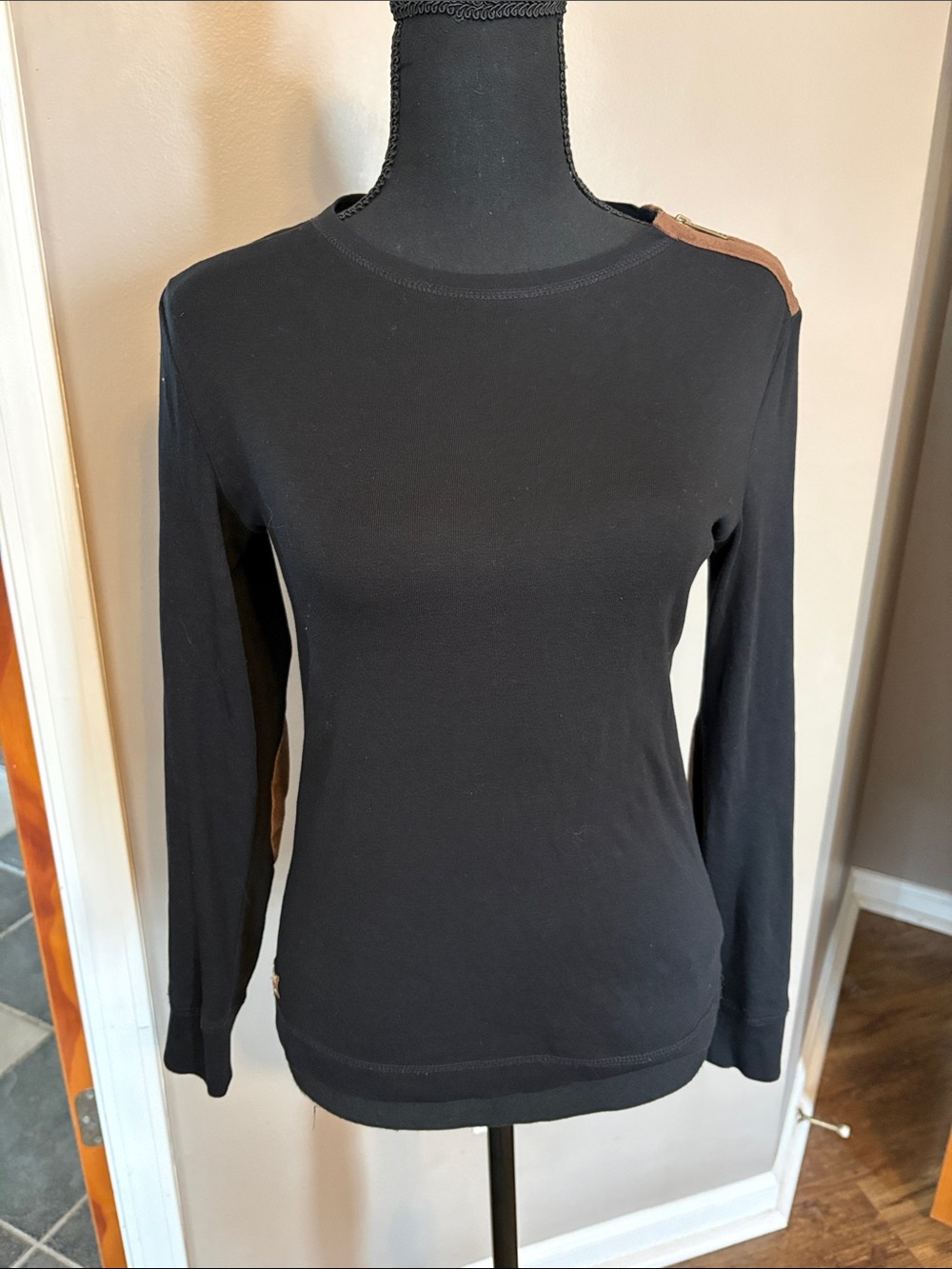 Ralph Lauren Black Long-Sleeve Crewneck Top with Tan Shoulder Accent